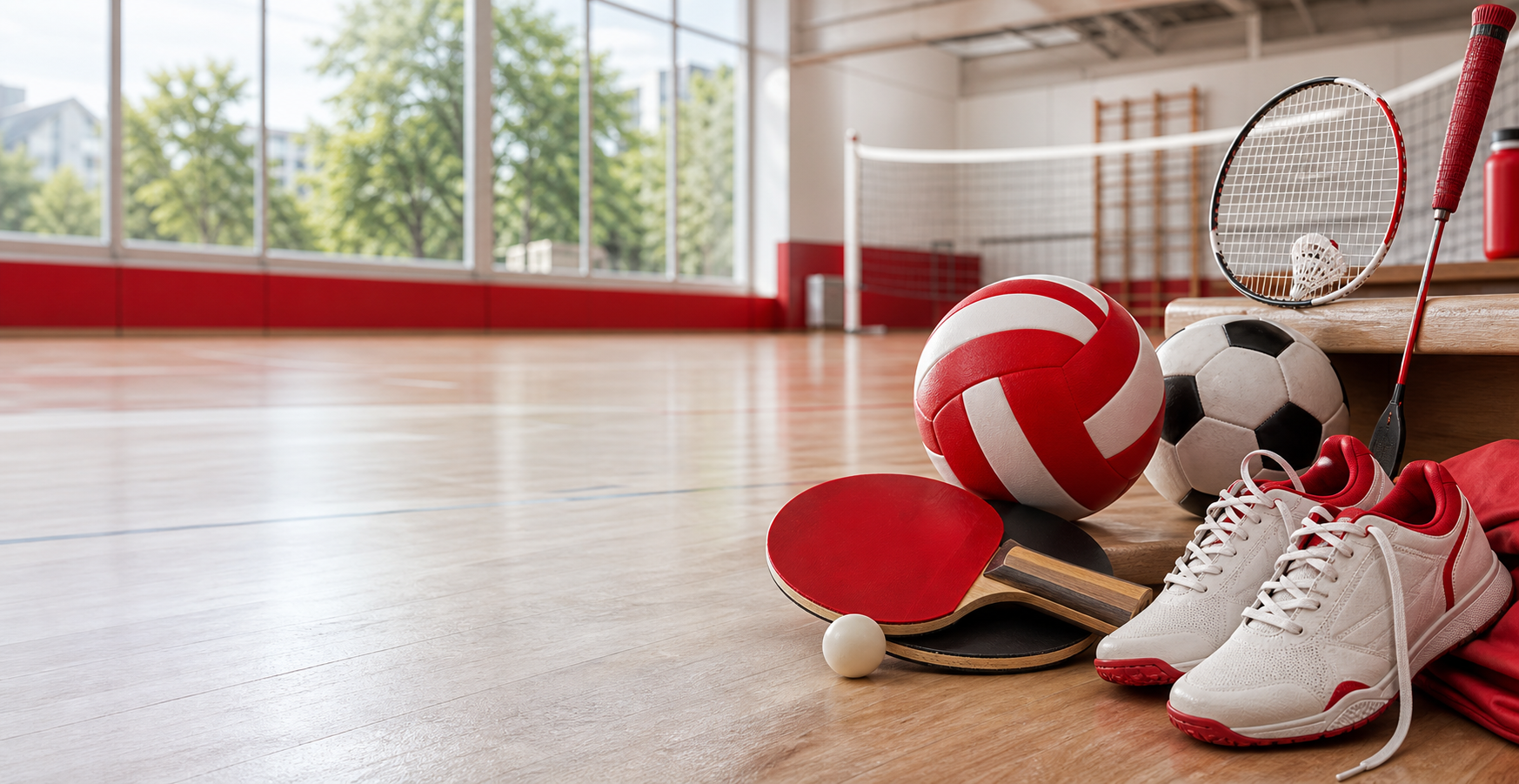Sportgeräte für Tischtennis, Volleyball, Badminton, Fußball und Lauftraining in Vereinsfarben